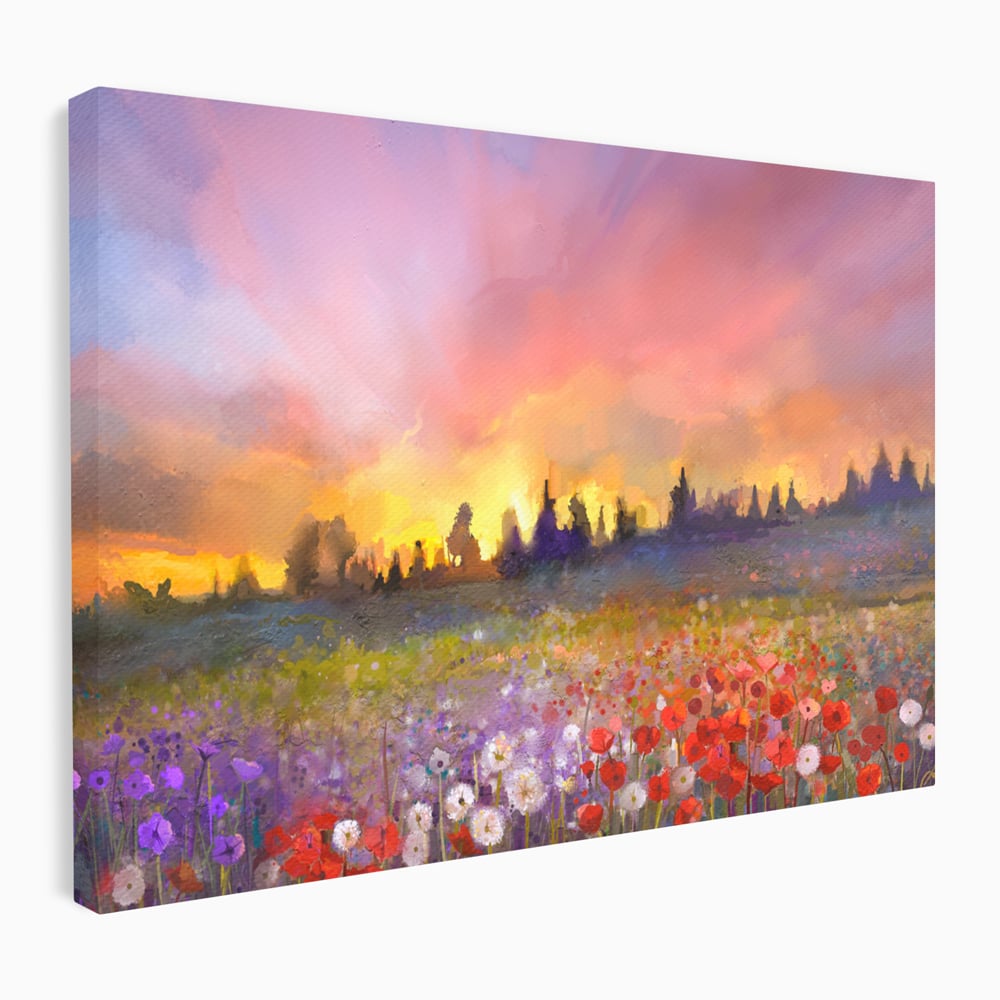 Tablou canvas cu tablou canvas cu camp cu flori si apus, fara rama, pe sasiu de lemn
